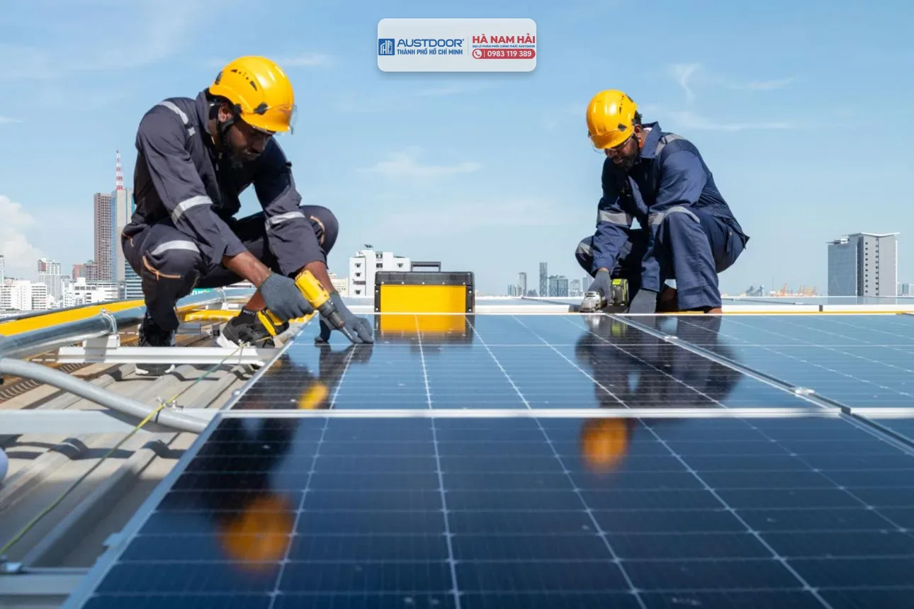 Engineers and technicians check drawings for installing solar cell panels on the roof.