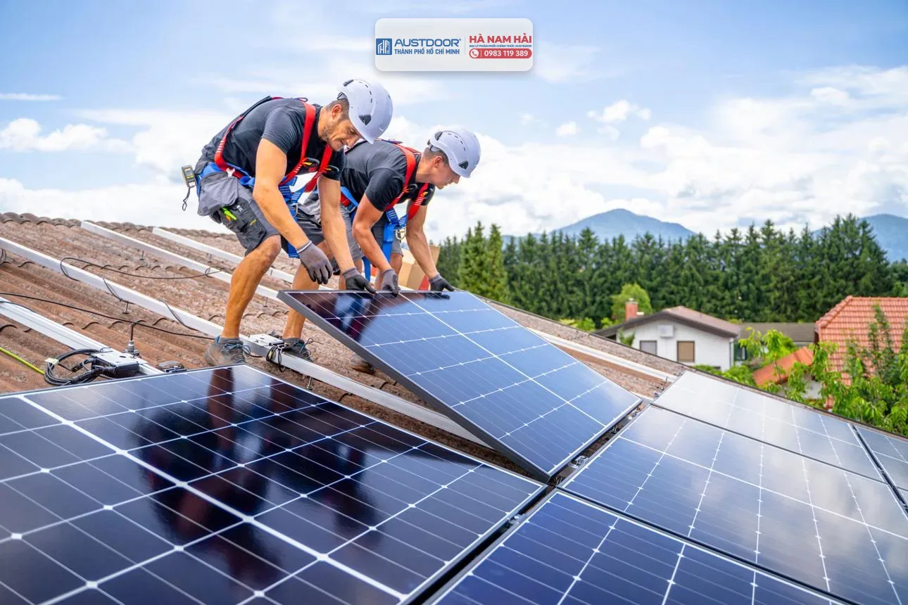 Workers Installing Solar Panels on Rooftop